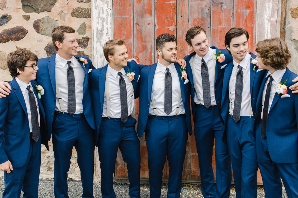 blue groomsmen suits at Birch Hill wedding barn in Wisconsin.