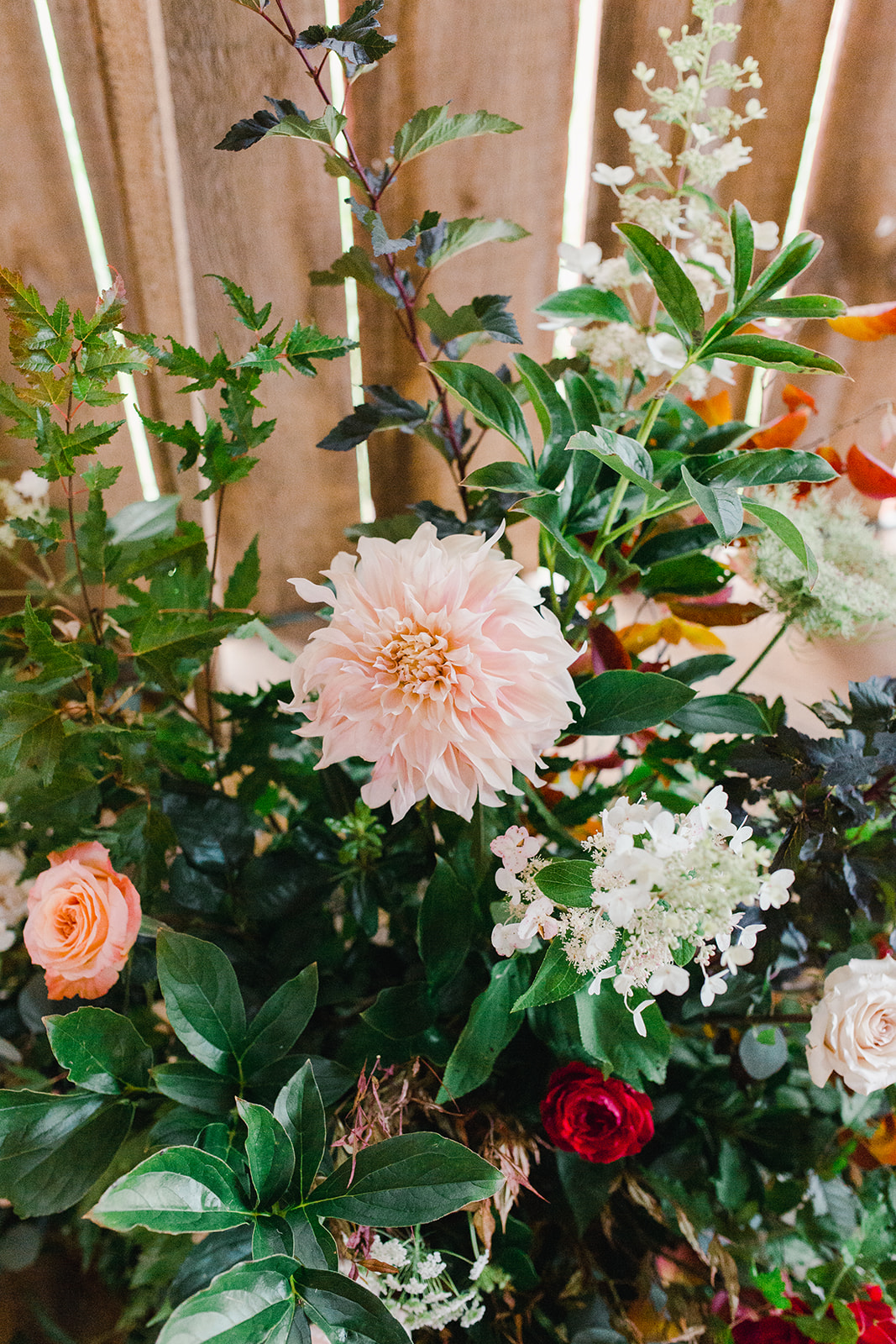 fall wedding flowers with cafe au lait dahlias, hydrangea, garden roses and shrub clippings.