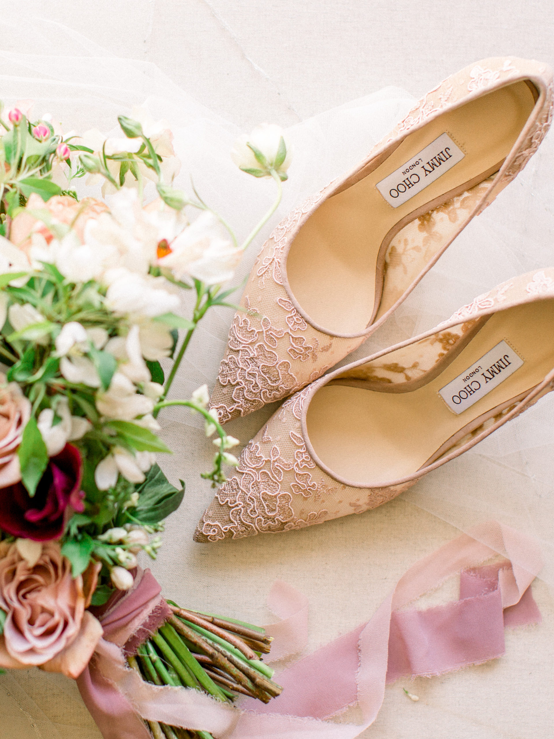 Jimmy Choo wedding shoes with romantic bouquet styling and mauve silk ribbon by Studio Fleurette in the Twin Cities.