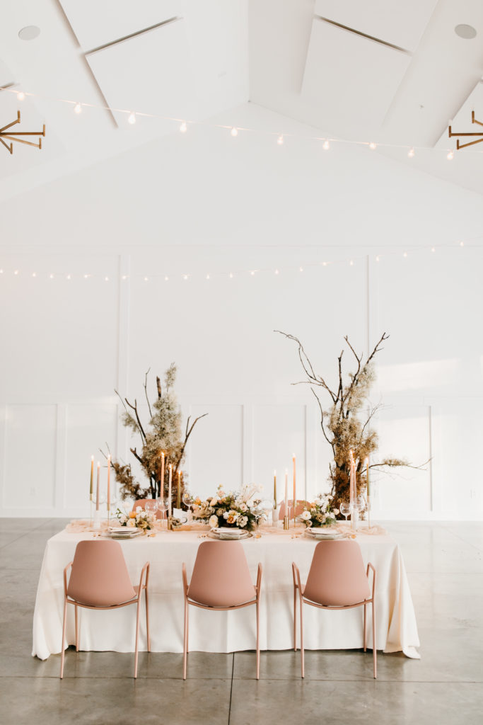 blush dining chairs, winter flowers for winter weddings