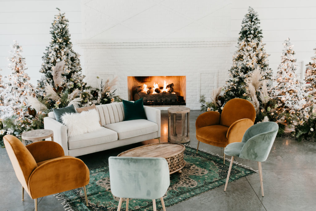 lounge by a fireplace for winter weddings